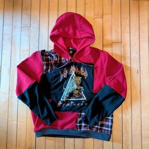 Reworked Red and Black Def Leppard Patchwork Hoodie